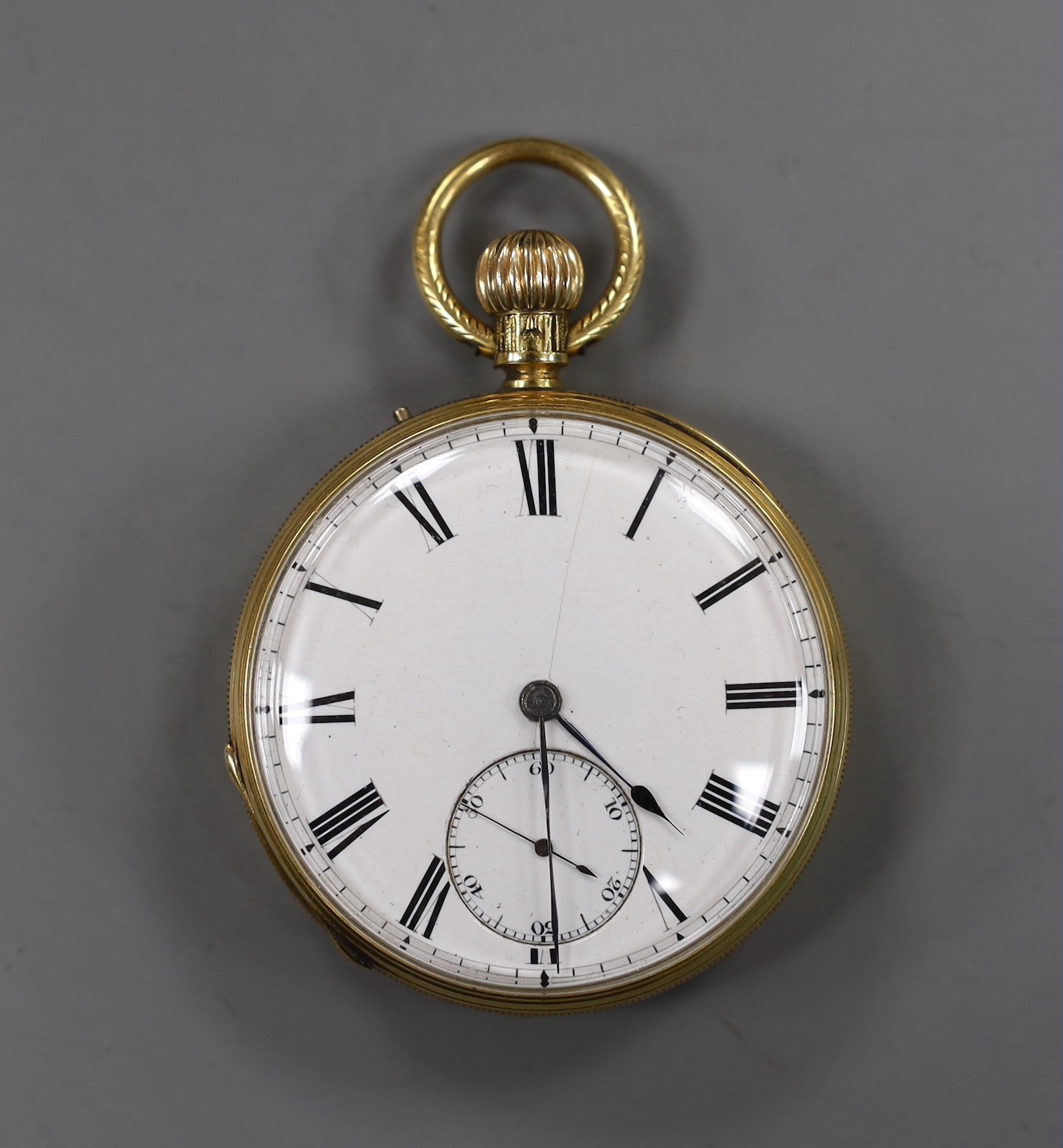 A George V engraved 18ct gold open faced keyless pocket watch, by Tho. Porthouse, London, with Roman dial(crack) and subsidiary seconds, case diameter 47mm